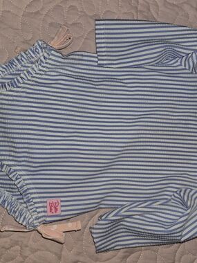 Ruffle Butts Blue and White Striped Girls' Shorts with Pink Tie, 6-12m